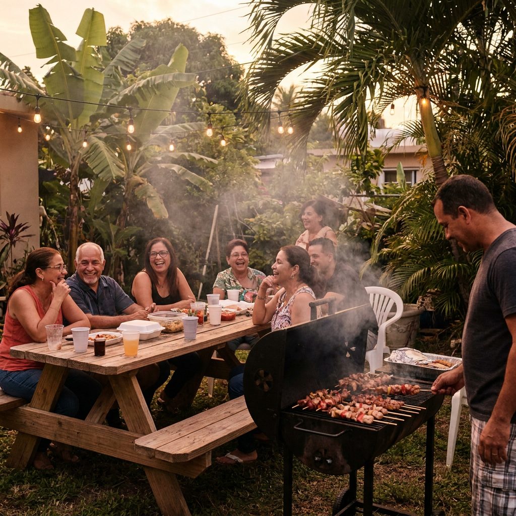 Parrillada familiar al atardecer en Puerto Rico