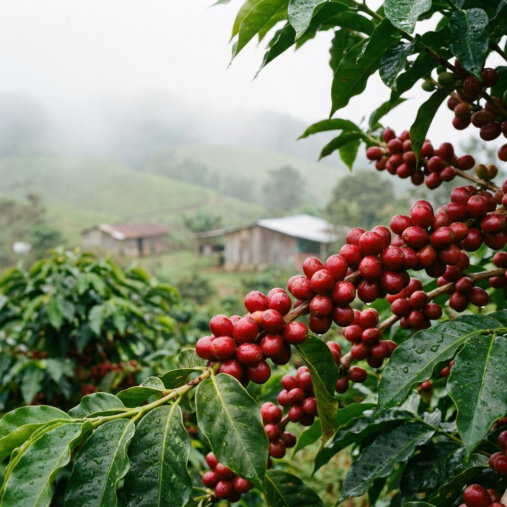 Cerezas de café maduras en la rama